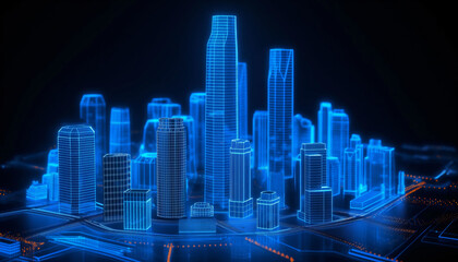 Hologram of a Modern City, Abstract blue cityscape background with towering skyscrapers, 