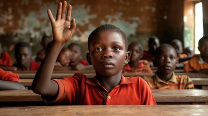 Portrait of african schoolboy raising his hand in classroom. - Powered by Adobe