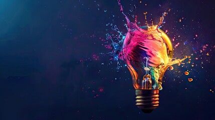 Creative light bulb explodes with colorful paint splashes and shards of glass on a black background. Think differently creative idea concept. Dry paint splatter. AI generated illustration. - obrazy, fototapety, plakaty