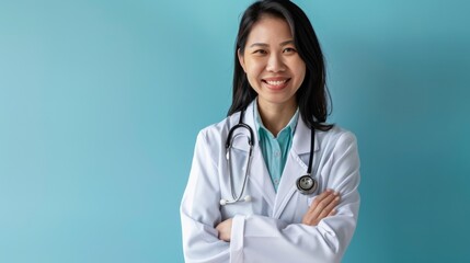Fototapeta premium Portrait of asian middle age female doctor with stethoscope on blue background. Space for text