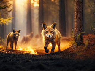 Wild animals in the forest trying to escape the fire.