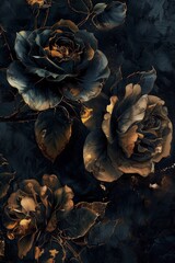 vintage oil painting, deep Moody black Roses Background in mysterious fashion gold trim style in an ethereal quality, dynamic lighting, dramatic shadows 