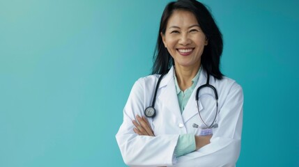 Portrait of asian middle age female doctor with stethoscope on blue background. Space for text - Powered by Adobe