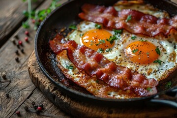 This appetizing image highlights perfectly cooked bacon and eggs on a wooden background, garnished with pepper and herbs