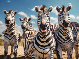 Obraz premium Cute African zebra animals in wild nature.