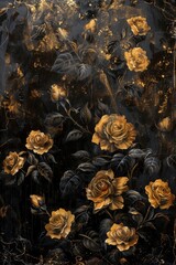 vintage oil painting, deep Moody black Roses Background in mysterious fashion gold trim style in an ethereal quality, dynamic lighting, dramatic shadows 