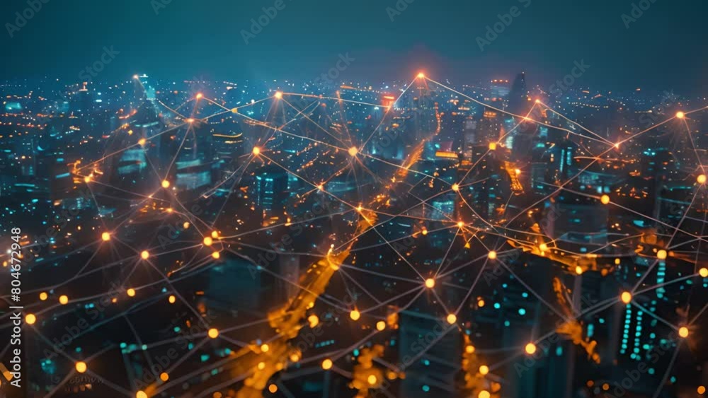 Poster Aerial view of a city illuminated with glowing network lines representing data connections.