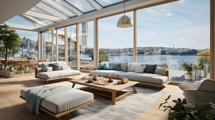Fototapeta premium An apartment of a stunningly bright, modern Scandinavian style house with expansive windows opening onto breathtaking views