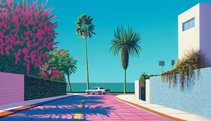 Sunny summer street scene in a historic European town with colorful houses, a towering cathedral, and palm trees lining the park