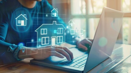 Real estate investment hologram virtual house floating above laptop