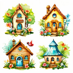 Set of the watercolor birdhouses with birds.