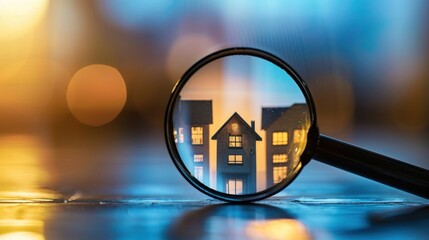 Buy And Sell Home, Searching for a New Home Using a Magnifying Glass - obrazy, fototapety, plakaty
