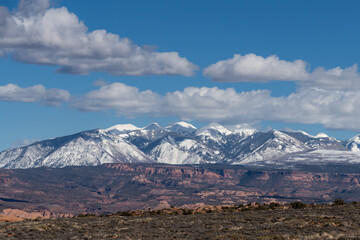 Landscape views of La Sal Mountains on a Blue sky day in Spring