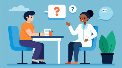 Obraz premium A patient sits at a table across from their doctor in a research facility eagerly asking questions as the doctor explains the potential longterm.