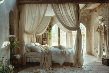 Fototapeta na wymiar A canopy bed draped in flowing curtains, creating a romantic atmosphere.