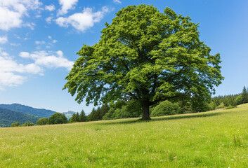 Serene scene of a majestic chestnut tree standing  in a sunlit meadow