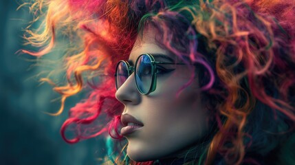 Obraz premium Woman with colorful hair and sunglasses wears rainbow makeup at an art event