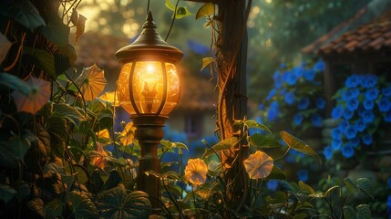 Clear image of an amber-colored street lamp surrounded by climbing morning glories in a sleepy...