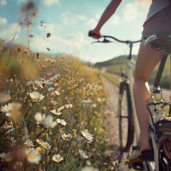 Fototapeta premium Riding a bicycle through a field of daisies, with the sun shining in the sky and fluffy clouds overhead, feeling the gentle breeze and admiring the beauty of nature AIG50