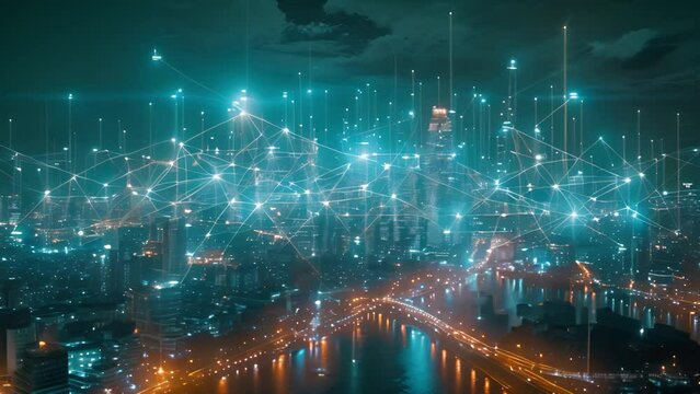 A nighttime cityscape with a digital overlay of network lines and nodes.