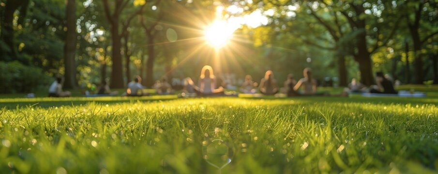 Springtime ambiance enhances a communal yoga and meditation experience on the grass