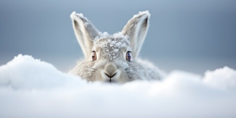 A rabbit is looking at the camera in the snow