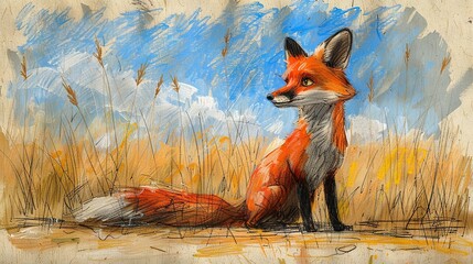Obraz premium A red fox sits in tall grass beneath a blue sky