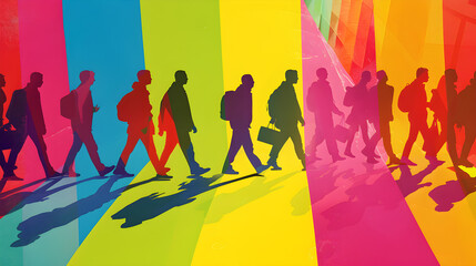 A group of people walking down a rainbow colored street