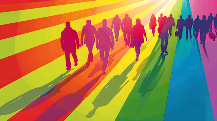A group of people walking down a rainbow colored street
