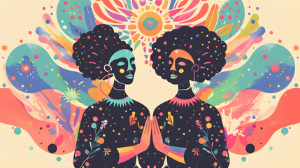 Two women with colorful hair and faces are praying in a colorful background