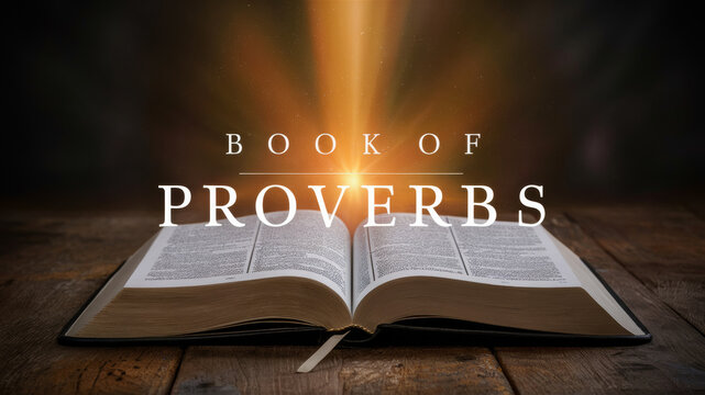 Open Book of Proverbs on a Wooden Table Illuminated, Creating an Atmosphere of Inspiration and Wisdom