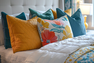 A neatly made bed with a pop of color from vibrant throw pillows.