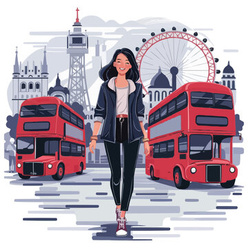 Girl walking in London landmarks as modern style illustration