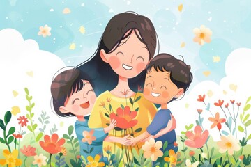 A joyful depiction of motherhood with two children smiling amidst colorful flowers and nature