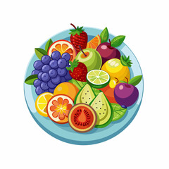 Fruits and berries on plate. Healthy food. Flat style, vector illustration