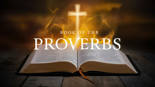 Open book on a wooden table with a glowing cross and the inscription "Book of Proverbs" in the background