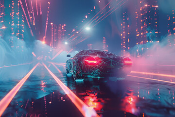 A futuristic car is driving down a road with neon lights