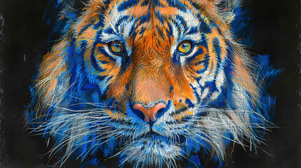   A tiger's face in focus, painted blue and orange against a dark background