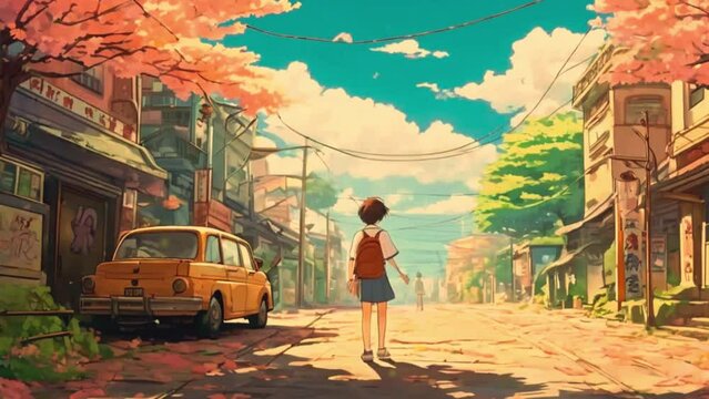 Lofi Girl walking through a bustling city street, with soft city sounds and distant chatter enhancing the ambiance, cute Lofi animation