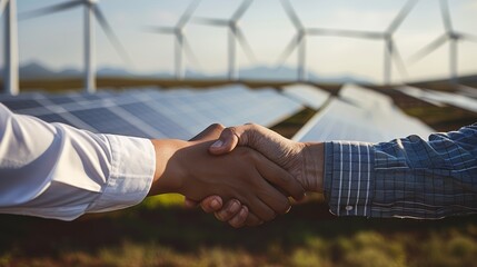 Handshake Deal for Green Project, Two hands shaking in front of a backdrop of solar panels or wind turbines, close-up