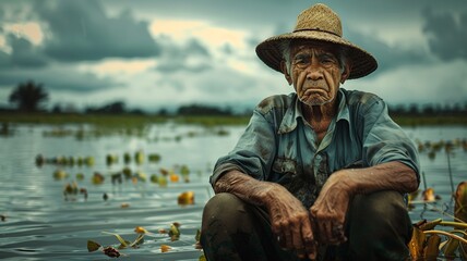 A moving image captures a farmer with tears in his eyes, standing helplessly in his flooded rice field under a dark, cloudy sky.