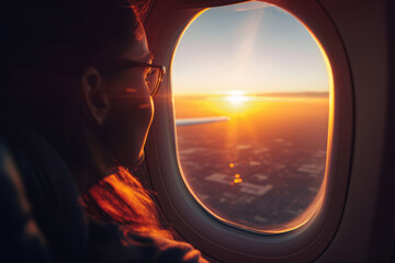 A woman is looking out the window of an airplane