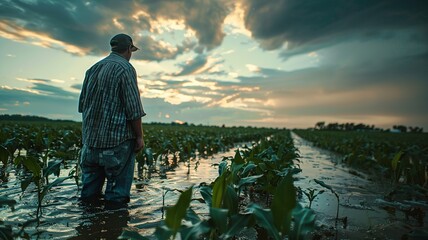 A moving image captures a farmer with tears in his eyes, standing helplessly in his flooded rice field under a dark, cloudy sky.