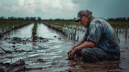 A moving image captures a farmer with tears in his eyes, standing helplessly in his flooded rice field under a dark, cloudy sky.