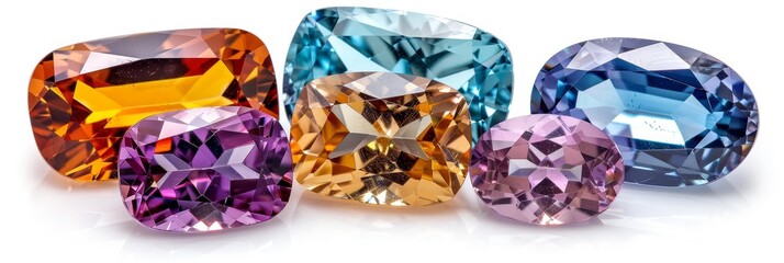 Sparkling gemstones shimmer in sunlight on white background, showcasing unique colors and brilliance