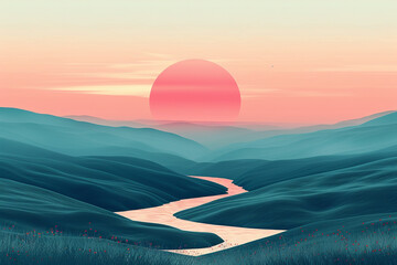 A peaceful countryside landscape with rolling hills and a winding river under a pink sunset, isolated on solid white background.