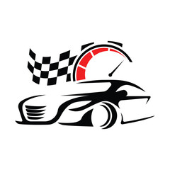 Modern silhouette logo of racing car with speedometer