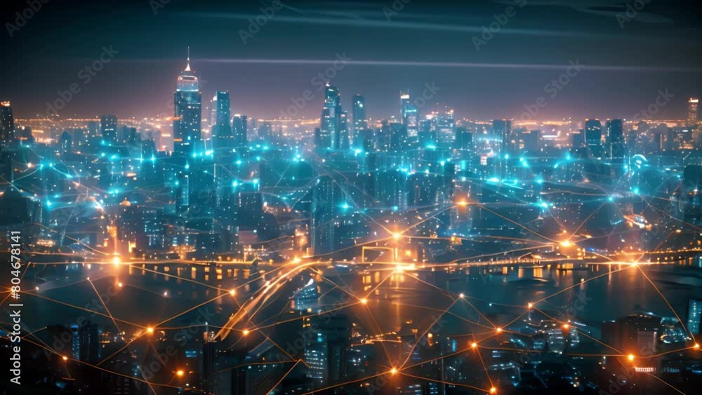 Aufkleber A vibrant night scene of a city with illuminated networks symbolizing digital communication.