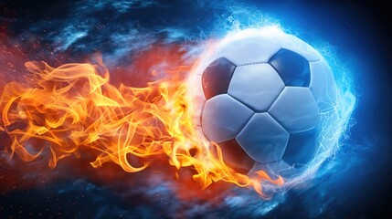 Fototapeta premium Soccer ball in fire flames on dark background. 3d illustration