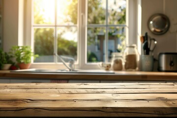 Wooden texture table top on blurred kitchen window background - generative ai